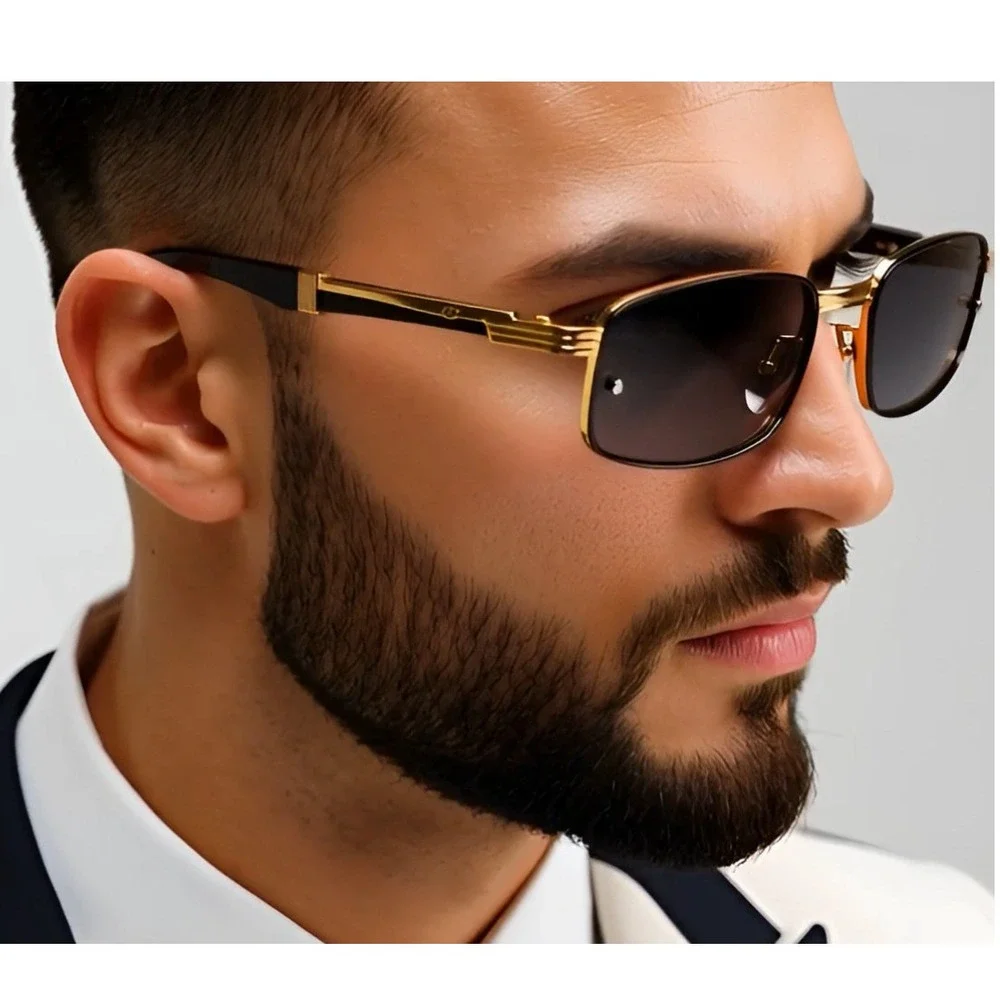 Rimless Sunglasses Rectangle Gold Accents Wood Arms Mens Fashion Dark Black Lens